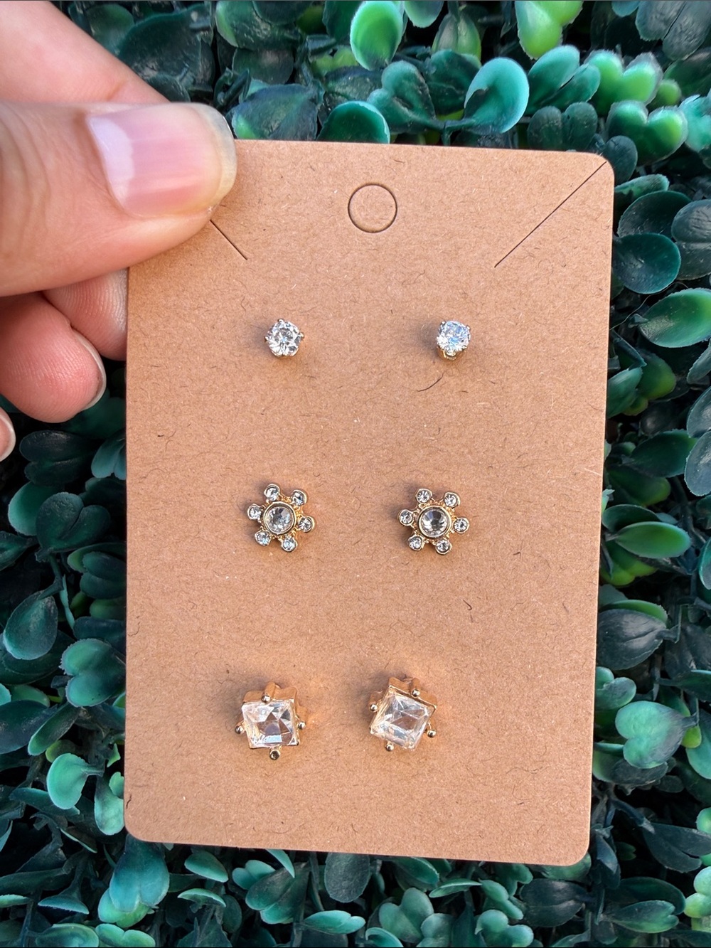 Gold-Tone Clear Crystal Stud Earring Set - 3 Pairs - Picture 1 of 2